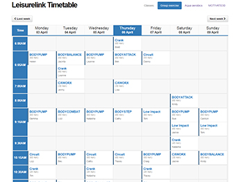 Aqua Aerobics timetable